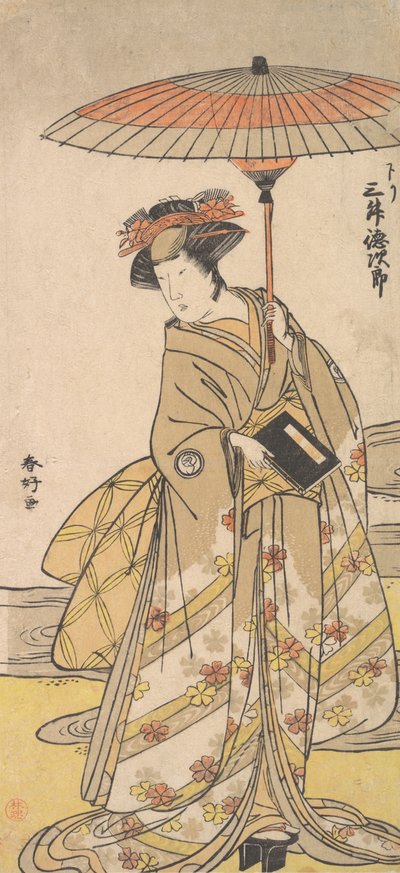 Mimasu Tokujuro como una mujer de pie cerca de un arroyo serpenteante de Katsukawa Shunko