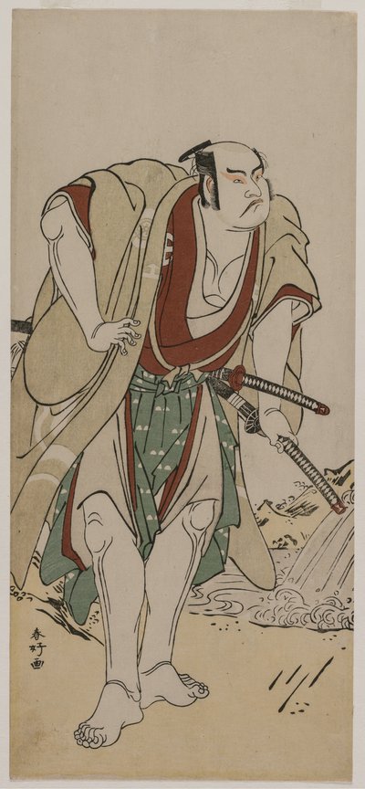 Otani Hiroji III como un samurái de pie junto a un arroyo de Katsukawa Shunko