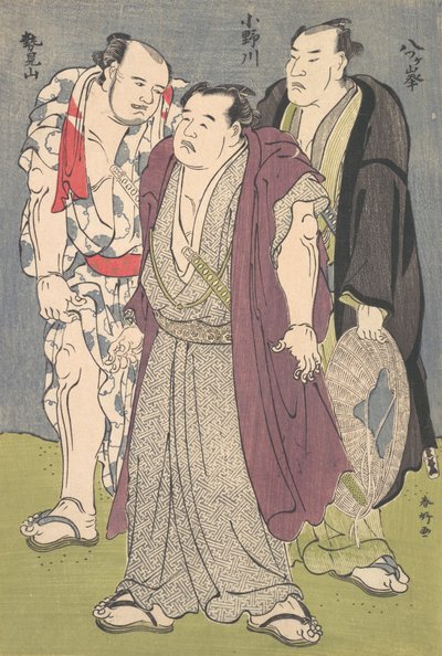 Tres luchadores de sumo: Onogawa, Seimiyama y Yatsugamine de Katsukawa Shunko