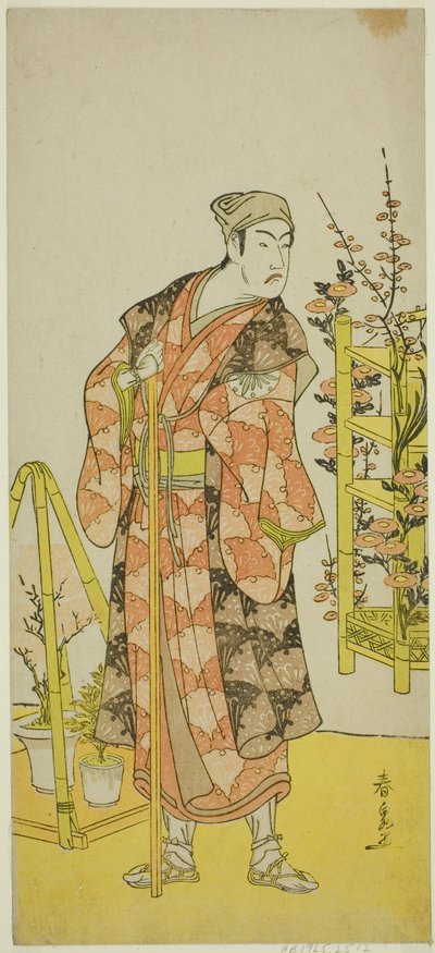 El actor Matsumoto Koshiro IV como el vendedor de plantas Awashima no Yonosuke en la obra Mukashi Otoko Yuki no Hinagata, representada en el Teatro Ichimura en el undécimo mes, 1781 de Katsukawa Shunsen