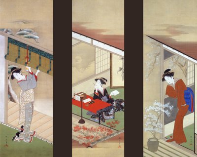 Mujeres en estaciones de nieve, luna y flor de Katsukawa Shunsho