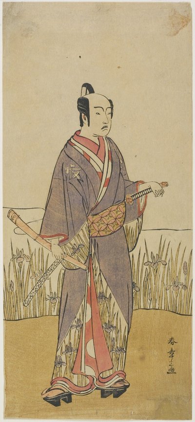 (Un actor en un papel de samurái sosteniendo una flauta de bambú) de Katsukawa Shunsho