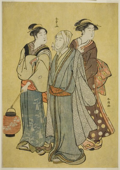 Un joven vestido como un actor de la familia Ichikawa (por Shunsho), una doncella y una geisha (por Shuncho) de Katsukawa Shunsho