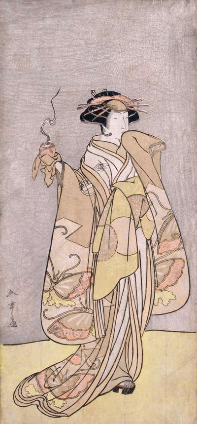Retrato de cuerpo entero del actor Ichikawa Monnosuke II en un papel femenino sosteniendo un incensario (xilografía en color) de Katsukawa Shunsho