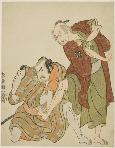 Actores interpretando los papeles de Giheiji y su yerno, Danshichi Kurobei de Katsukawa Shunsho