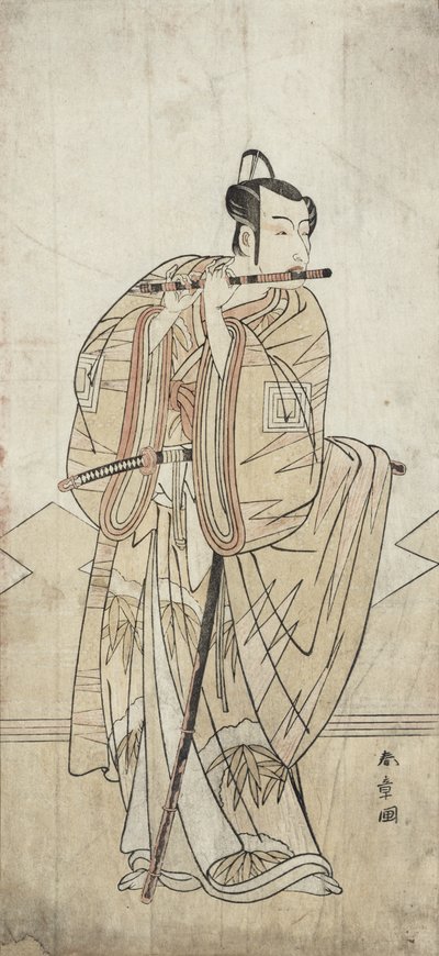 Un actor tocando la flauta (grabado en madera) de Katsukawa Shunsho