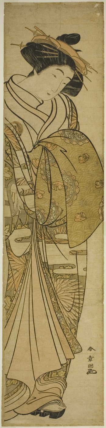 Cortesana con kimono de crisantemos de Katsukawa Shunsho