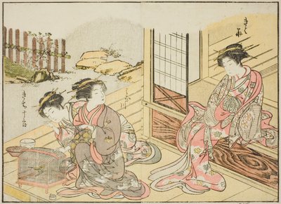 Cortesanas del Kagemanjiya, del libro "Espejo de Mujeres Hermosas de los Barrios de Placer (Seiro bijin awase sugata kagami)," vol. 1 de Katsukawa Shunsho