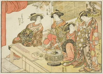 Cuatro cortesanas de varias casas, del libro "Espejo de Mujeres Hermosas de los Barrios del Placer (Seiro bijin awase sugata kagami)," vol. 3 de Katsukawa Shunsho