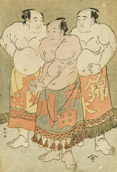 Retratos de cuerpo entero de los luchadores Nishikigi, Todagawa e Iwagaseki presentándose en el cuadrilátero (xilografía en color) de Katsukawa Shunsho