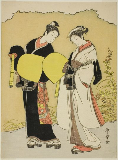 Amantes vestidos como monjes Komuso en un paisaje otoñal de Katsukawa Shunsho
