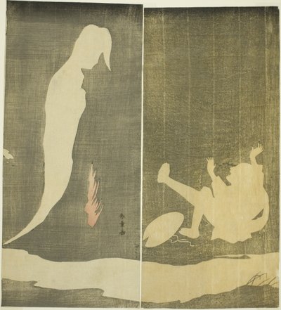 Hombre cayendo de espaldas, asustado por el fantasma de una mujer sobre un río de Katsukawa Shunsho