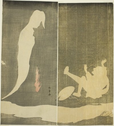 Hombre cayendo hacia atrás, asustado por el fantasma de una mujer sobre un río, c.1782 (xilografía en color; díptico hosoban) de Katsukawa Shunsho