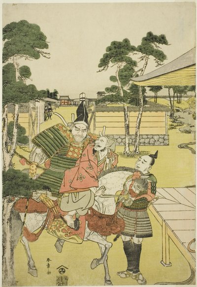 Musashibo Benkei lleva al capturado Tosabo Shoshun a Yoshitsune en la obra Horikawa Youchi no Zu Uki-e Nimaitsuzuki de Katsukawa Shunsho