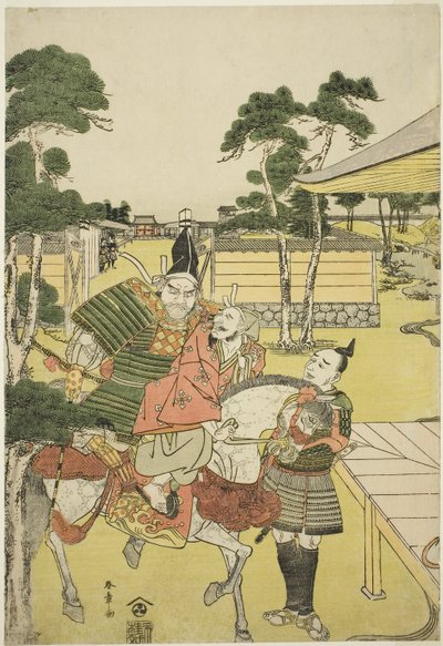Musashibo Benkei lleva al capturado Tosabo Shoshun a Yoshitsune en la obra Horikawa Youchi no Zu Uki-e Nimaitsuzuki, c.1782 (xilografía en color; oban) de Katsukawa Shunsho