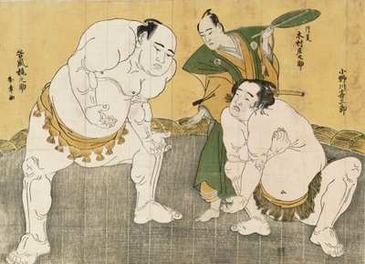 Onagawa Kisaburo y Tanikaze Kajinosuke interpretando el Shiriki en el Dohyo, con el arbitraje de Kimura Shonosuke (xilografía en color) de Katsukawa Shunsho