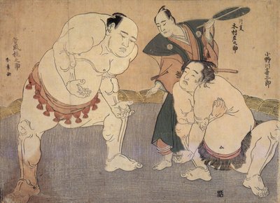 Onagawa Kisaburo y Tanikaze Kajinosuke ejecutan el Shiriki en el Dohyo, arbitrados por Kimura Shonosuke. de Katsukawa Shunsho