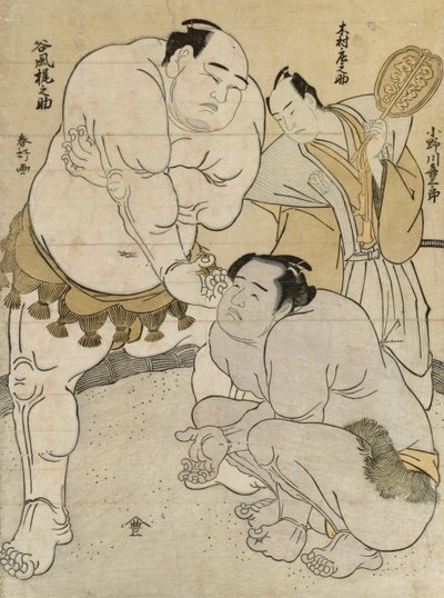 Preparativos para el partido entre Onagawa Kisaburo y Tanikaze Kajinosuke, arbitrado por Kimura Shonosuke (xilografía en color) de Katsukawa Shunsho