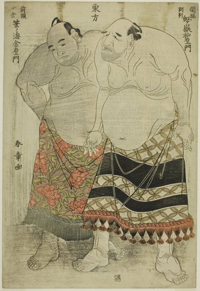 Luchadores de sumo del Grupo Oriental: (derecha) Nijigadake Somaemon, del rango Sekiwake, de la provincia de Awa, y (izquierda) Fudenoumi Kin