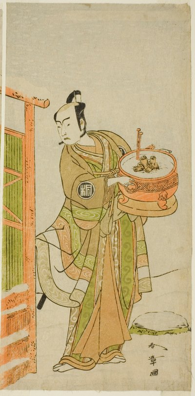 El Actor Arashi Sangoro II como Ito Kuro Disfrazado de Banta en la Obra Izu-goyomi Shibai no Ganjitsu, Representada en el Teatro Morita en el Undécimo Mes, 1772 de Katsukawa Shunsho
