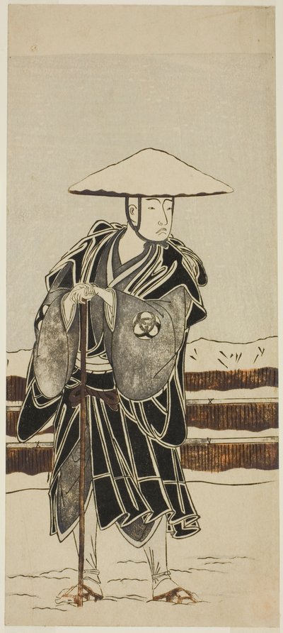 El actor Bando Mitsugoro I como el Abad Saimyo-ji Tokiyori, disfrazado de monje, en el joruri "Onna Hachi no Ki" (Una versión femenina de "Los árboles en maceta") de la segunda parte de la obra Onna Aruji Hatsuyuki no Sekai (Una mujer como maestra: El mund de Katsukawa Shunsho