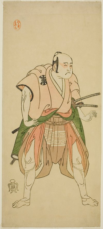 El actor Bando Sampachi I como Yawata no Saburo (?) en la obra Shuen Soga Omugaeshi (?), representada en el Teatro Ichimura (?) en el segundo mes de 1768 (?) de Katsukawa Shunsho