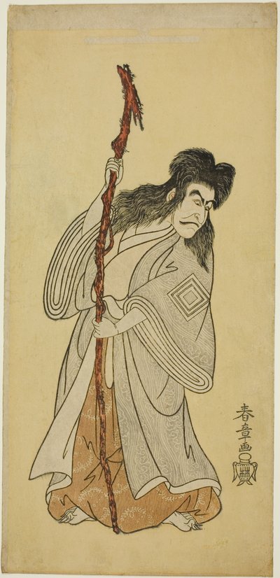 El actor Ichikawa Danjuro IV posiblemente como Tenjiku Tokubei en la obra "Tenjiku Tokubei gira el timón hacia casa," representada en el teatro Nakamura en el octavo mes, 1768 de Katsukawa Shunsho