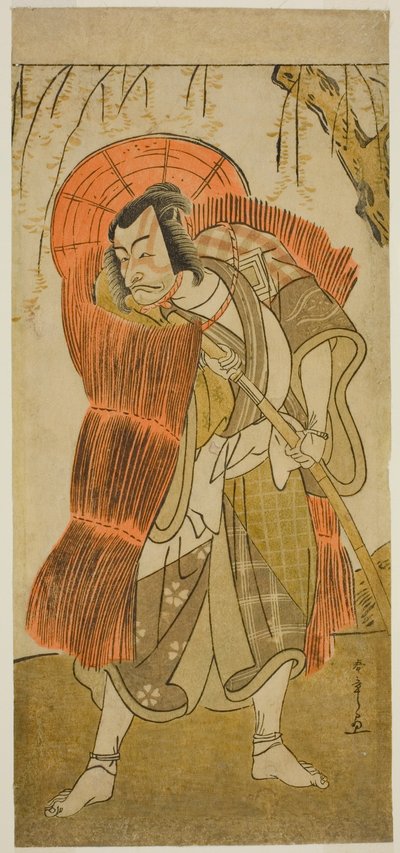 El actor Ichikawa Danjuro V como Akushichibyoe Kagekiyo disfrazado de mendigo, en la obra Tsukisenu Haru Hagoromo Soga, representada en el Teatro Ichimura en el tercer mes de 1777 de Katsukawa Shunsho