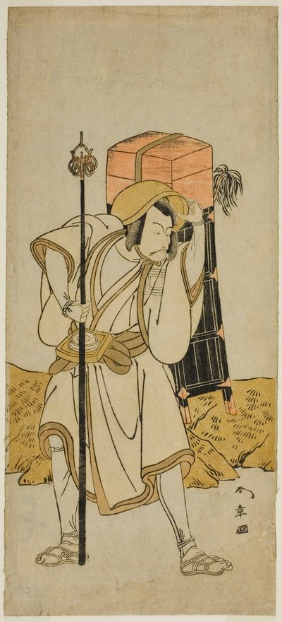 El actor Ichikawa Danjuro V como Moriya no Daijin disfrazado de Rokuju-rokubu en la obra Miya-bashira Iwao no Butai, representada en el Teatro Morita en el séptimo mes de 1773 de Katsukawa Shunsho