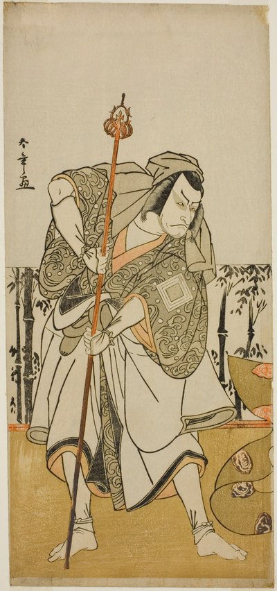El actor Ichikawa Danjuro V como Taira no Masakado disfrazado de peregrino Junjo en la obra Masakado Kammuri no Hatsuyuki, representada en el Teatro Nakamura en el undécimo mes, 1777 de Katsukawa Shunsho