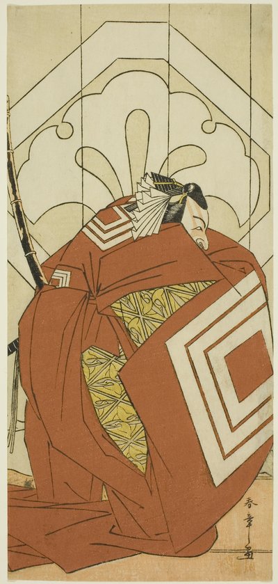 El actor Ichikawa Danjuro V en el papel de "Shibaraku", probablemente como Kato Hyoeisa Shigemitsu, en la tercera escena de la obra Masakado Kammuri no Hatsuyuki (La primera nevada en el tocado de la corte de Taira no Masakado), representada en el Teatro N de Katsukawa Shunsho
