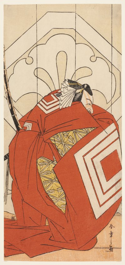 El actor Ichikawa Danjuro V en el papel de "Shibaraku", probablemente como Kato Hyoeisa Shigemitsu, en la tercera escena de la obra Masakado Kammuri no Hatsuyuki (La primera nevada en el tocado de la corte de Taira no Masakado), representada en el Teatro N de Katsukawa Shunsho