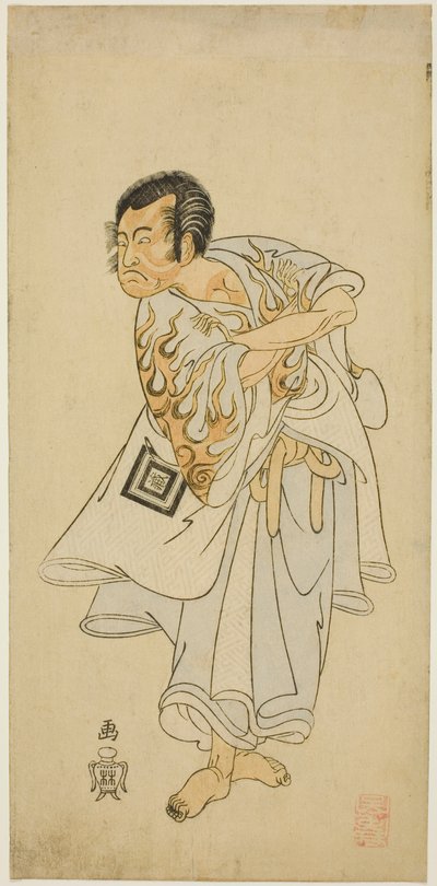 El actor Ichikawa Danzo III como el ermitaño santo Narukami en la obra "Narukami", representada con "Miyakodori Azuma Komachi (Pájaro de la capital: Komachi del Este)" en el Teatro Morita en el tercer mes, 1768 de Katsukawa Shunsho