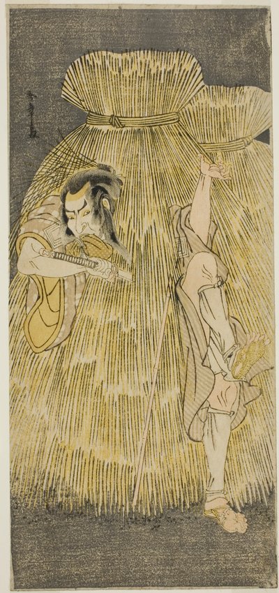 El actor Ichikawa Danzo IV haciendo un cambio rápido entre los roles de Sadakuro y Yoichibei, en la obra Kanadehon Chushingura, representada en el Teatro Morita en el tercer mes de 1781 de Katsukawa Shunsho