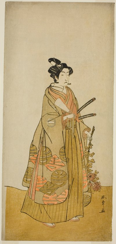 El actor Ichikawa Monnosuke II como Kichisaburo, paje del templo de Kichijo-ji, en la obra Sono Kyodai Fuji no Sugatami, representada en el Teatro Morita en el segundo mes de 1776 de Katsukawa Shunsho