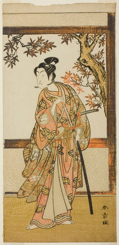 El actor Ichikawa Monnosuke II como Shinokobe Shoji Yukihira en la obra Gohiiki Kanjincho, representada en el Teatro Nakamura en el undécimo mes de 1773 de Katsukawa Shunsho