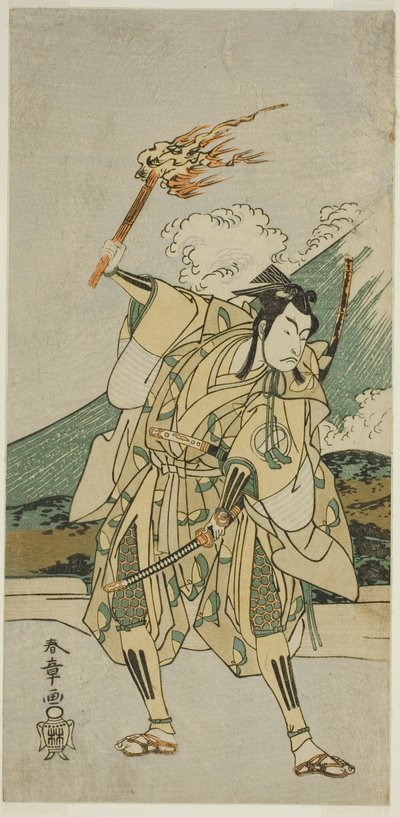 El actor Ichikawa Monnosuke II como Soga no Goro Tokimune en la obra Haru wa Soga Akebono-zoshi, representada en el Teatro Nakamura en el primer mes de 1772 de Katsukawa Shunsho
