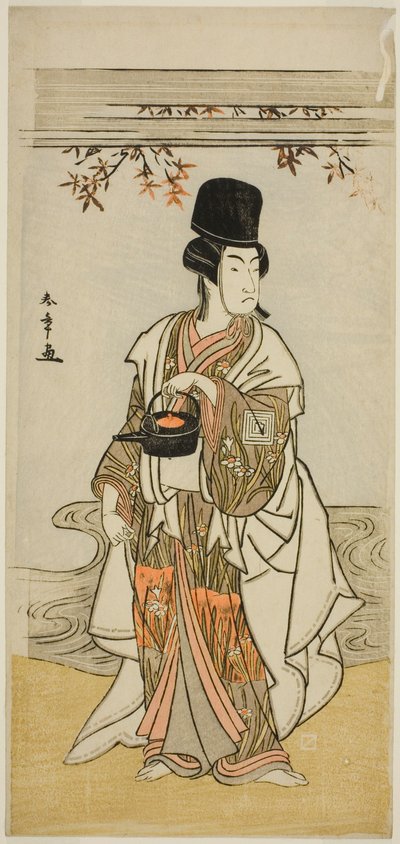 El Actor Ichikawa Monnosuke II como el Sirviente de la Corte Shoheida Sadamori en la Obra Masakado Kammuri no Hatsuyuki, Representada en el Teatro Nakamura en el Undécimo Mes, 1777 de Katsukawa Shunsho