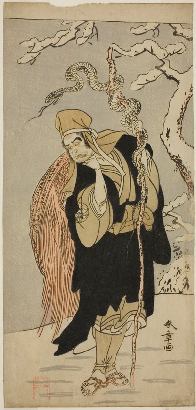 El actor Ichimura Uzaemon IX como Aza-maru en la obra Yui Kanoko Date-zome Soga, presentada en el Teatro Ichimura en el primer mes de 1774 de Katsukawa Shunsho