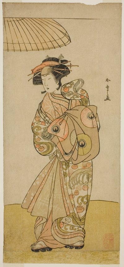 El actor Ikushima Daikichi III como la cortesana Naniwazu en la obra Saki Masuya Ume no Kachidoki, representada en el Teatro Ichimura en el undécimo mes, 1777 de Katsukawa Shunsho