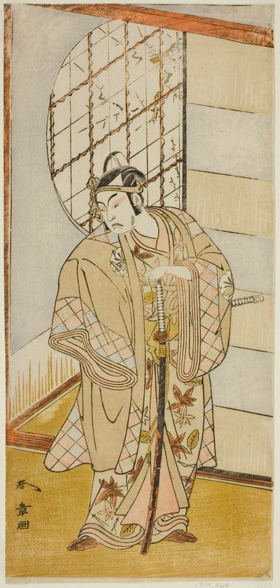 El actor Matsumoto Koshiro IV como Matsuo-maru en la obra Sugawara Denju Tenarai Kagami, representada en el Teatro Nakamura en el noveno mes, 1773 de Katsukawa Shunsho