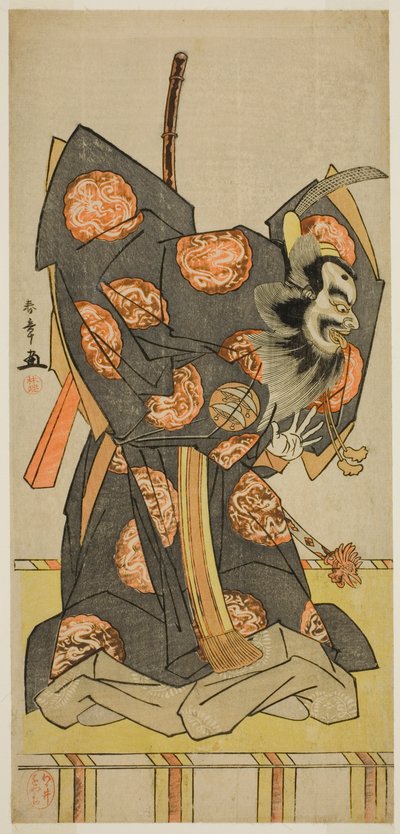 El actor Nakajima Mihoemon II como Shujaku Tenno en la obra Masakado Kammuri no Hatsuyuki, representada en el Teatro Nakamura en el undécimo mes, 1777 de Katsukawa Shunsho