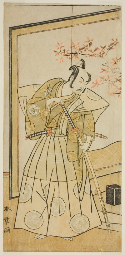 El actor Nakamura Juzo II como Akita Jonosuke en la obra Onna Aruji Hatsuyuki no Sekai, representada en el Teatro Morita en el undécimo mes, 1773 de Katsukawa Shunsho