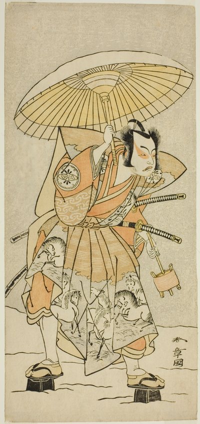 El actor Nakamura Juzo II como Kajiwara Genta Kagetoki en la obra Izu-goyomi Shibai no Ganjitsu, representada en el Teatro Morita en el undécimo mes, 1772 de Katsukawa Shunsho