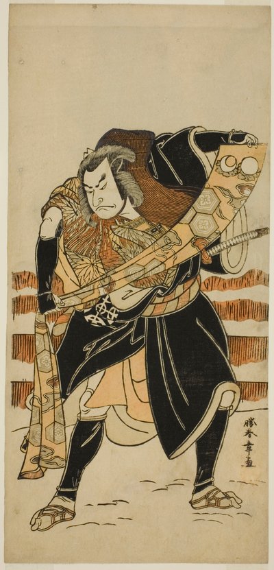 El actor Nakamura Nakazo I como Abe no Sadato (?) en la obra Date Nishiki Tsui no Yumitori (?), representada en el Teatro Morita (?) en el undécimo mes, 1778 (?) de Katsukawa Shunsho