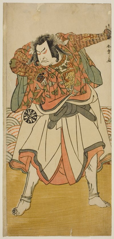 El actor Nakamura Nakazo I como Chinzei Hachiro Tametomo disfrazado de monje ascético, en la obra Kitekaeru Nishiki no Wakayaka, representada en el Teatro Nakamura en el undécimo mes, 1780 de Katsukawa Shunsho