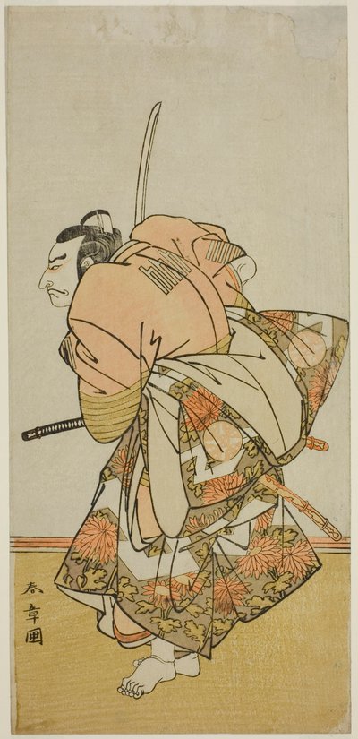 El actor Nakamura Nakazo I como Chinzei Hachiro Tametomo en la obra Hana-zumo Genji Hiiki, representada en el Teatro Nakamura en el undécimo mes, 1775 de Katsukawa Shunsho