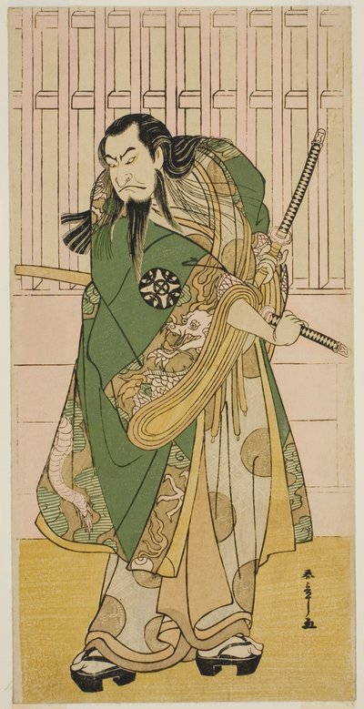 El actor Nakamura Nakazo I como Hige no Ikyu en la obra Nanakusa Yosooi Soga, representada en el Teatro Nakamura en el quinto mes de 1782 de Katsukawa Shunsho