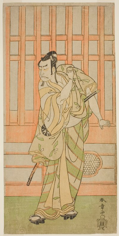 El actor Nakamura Nakazo I como Kudo Saemon Suketsune (?) en la obra Sakai-cho Soga Nendaiki (?), representada en el Teatro Nakamura (?) en el primer mes de 1771 (?) de Katsukawa Shunsho