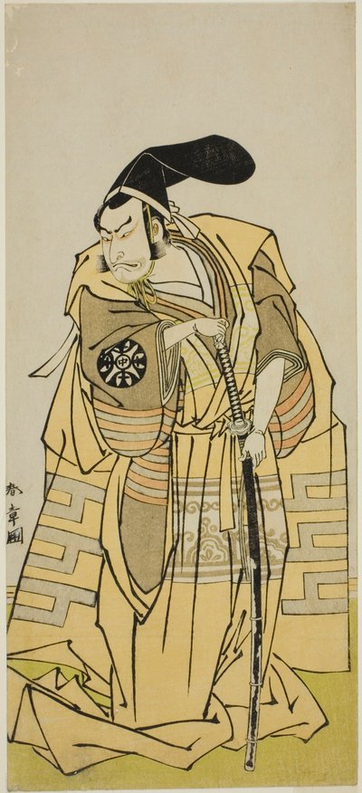 El actor Nakamura Nakazo I como Kudo Suketsune (?) en la obra Iro Moyo Aoyagi Soga (?), representada en el Teatro Nakamura (?) en el segundo mes, 1775 (?) de Katsukawa Shunsho